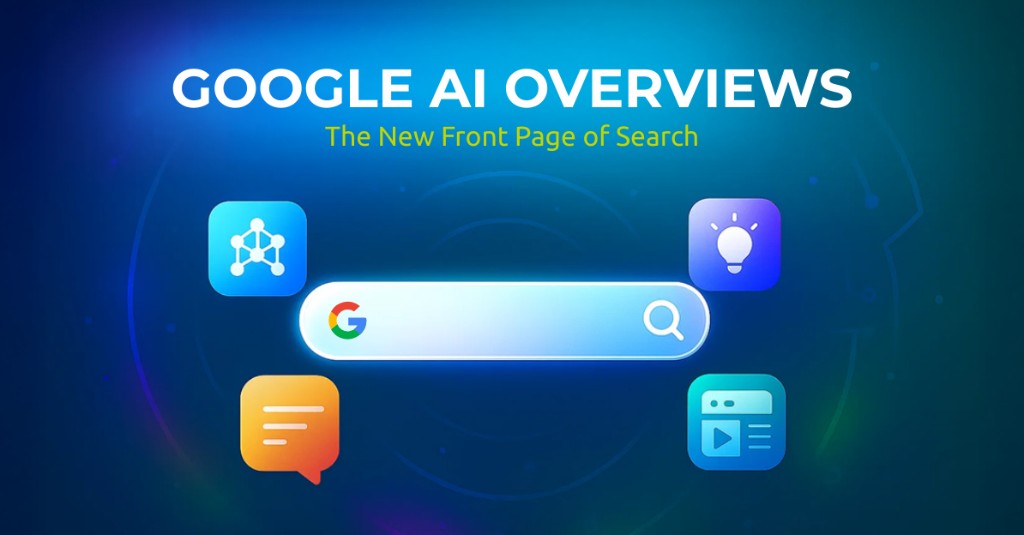 Google AI Overviews: The New Front Page of Search, with a glowing search bar surrounded by icons for data, ideas, chat, and web content