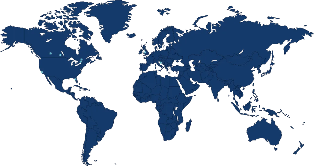 Map showing client locations across North America