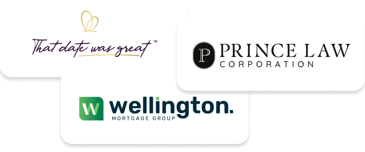 Winnipeg logo design examples featuring three client logos: a handwritten script logo that reads ‘That date was great,’ a modern green and navy logo for Wellington Mortgage Group, and a classic black serif logo for Prince Law Corporation.